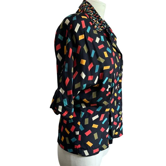 VTG Carole Little Black Multi colored Confetti Abstract Button Up Blouse Sz 4 - Picture 2 of 8